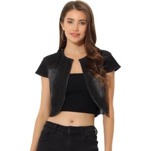 imageAllegra K Womens Denim Jacket Short Sleeve Jean Jacket Slim Fit Summer Outfits Casual Cropped JacketBlack
