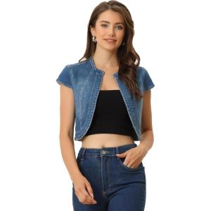 imageAllegra K Womens Denim Jacket Short Sleeve Jean Jacket Slim Fit Summer Outfits Casual Cropped JacketMedium Blue