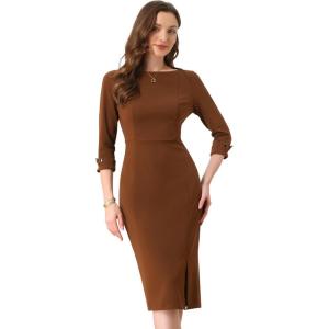 imageAllegra K Womens Elegant Boat Neck 34 Sleeves 2025 Wear to Work Midi Split Sheath DressBrown