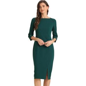 imageAllegra K Womens Elegant Boat Neck 34 Sleeves 2025 Wear to Work Midi Split Sheath DressDeep Green