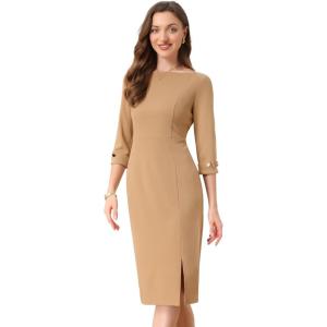 imageAllegra K Womens Elegant Boat Neck 34 Sleeves 2025 Wear to Work Midi Split Sheath DressKhaki