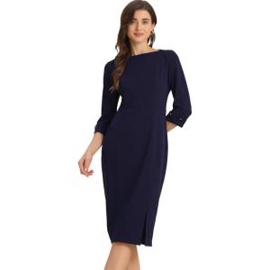 imageAllegra K Womens Elegant Boat Neck 34 Sleeves 2025 Wear to Work Midi Split Sheath DressNavy Blue