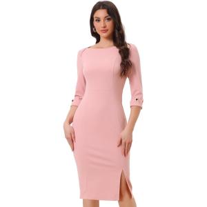imageAllegra K Womens Elegant Boat Neck 34 Sleeves 2025 Wear to Work Midi Split Sheath DressPink