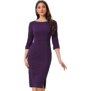 imageAllegra K Womens Elegant Boat Neck 34 Sleeves 2025 Wear to Work Midi Split Sheath DressPurple