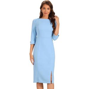 imageAllegra K Womens Elegant Boat Neck 34 Sleeves 2025 Wear to Work Midi Split Sheath DressSky Blue