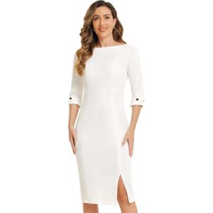 imageAllegra K Womens Elegant Boat Neck 34 Sleeves 2025 Wear to Work Midi Split Sheath DressWhite