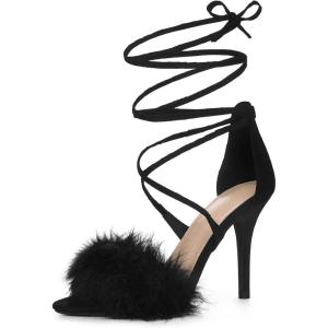 imageAllegra K Womens Faux Fur Stiletto Heel Lace Up Heels SandalsBlack