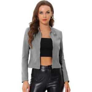 imageAllegra K Womens Faux Suede Jacket Stand Collar Zip Up Long Sleeve Motorcycle Biker CoatGray