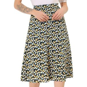 imageAllegra K Womens Floral Midi Skirt Peasant Elastic Waist ALine Ditsy Leave Print SkirtsBlack Blue