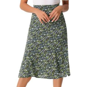 imageAllegra K Womens Floral Midi Skirt Peasant Elastic Waist ALine Ditsy Leave Print SkirtsBlack Green
