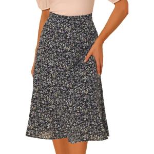 imageAllegra K Womens Floral Midi Skirt Peasant Elastic Waist ALine Ditsy Leave Print SkirtsBlack Purple