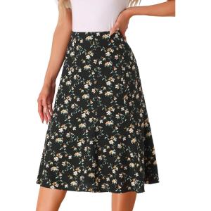 imageAllegra K Womens Floral Midi Skirt Peasant Elastic Waist ALine Ditsy Leave Print SkirtsBlack White