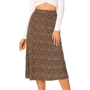 imageAllegra K Womens Floral Midi Skirt Peasant Elastic Waist ALine Ditsy Leave Print SkirtsBlack Yellow