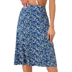 imageAllegra K Womens Floral Midi Skirt Peasant Elastic Waist ALine Ditsy Leave Print SkirtsBlue