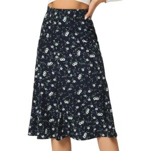 imageAllegra K Womens Floral Midi Skirt Peasant Elastic Waist ALine Ditsy Leave Print SkirtsBlue White