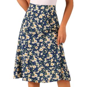 imageAllegra K Womens Floral Midi Skirt Peasant Elastic Waist ALine Ditsy Leave Print SkirtsDark Blue