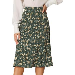 imageAllegra K Womens Floral Midi Skirt Peasant Elastic Waist ALine Ditsy Leave Print SkirtsDark Green