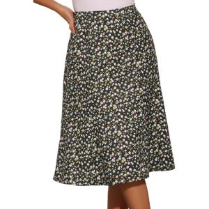 imageAllegra K Womens Floral Midi Skirt Peasant Elastic Waist ALine Ditsy Leave Print SkirtsFloral Black White