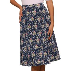 imageAllegra K Womens Floral Midi Skirt Peasant Elastic Waist ALine Ditsy Leave Print SkirtsNavy Blue