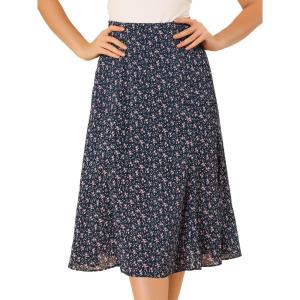 imageAllegra K Womens Floral Midi Skirt Peasant Elastic Waist ALine Ditsy Leave Print SkirtsNavy Pink
