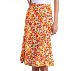 imageAllegra K Womens Floral Midi Skirt Peasant Elastic Waist ALine Ditsy Leave Print SkirtsOrange Green