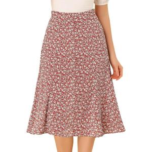 imageAllegra K Womens Floral Midi Skirt Peasant Elastic Waist ALine Ditsy Leave Print SkirtsRed White