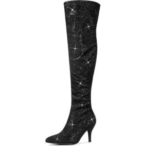 imageAllegra K Womens Glitter Pointed Toe Stiletto Heels Over the Knee High BootsBlack
