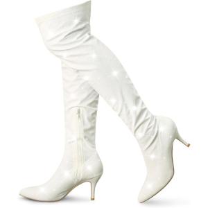 imageAllegra K Womens Glitter Pointed Toe Stiletto Heels Over the Knee High BootsWhite
