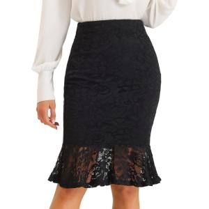 imageAllegra K Womens Lace Skirts Elegant Casual Work Office Skirt Knee Length Bodycon Fishtail Lace Pencil SkirtBlack