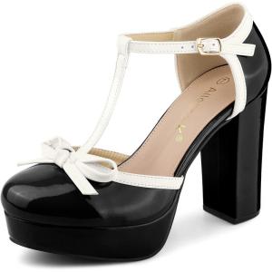 imageAllegra K Womens Platform Bow t Strap Chunky Heels PumpsBlack