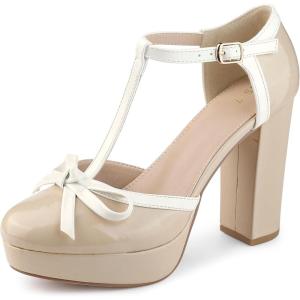 imageAllegra K Womens Platform Bow t Strap Chunky Heels PumpsNude