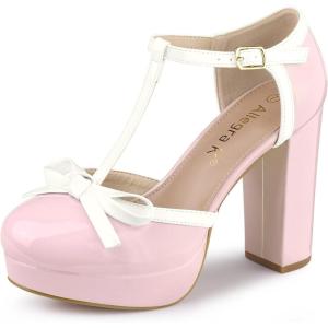 imageAllegra K Womens Platform Bow t Strap Chunky Heels PumpsPink