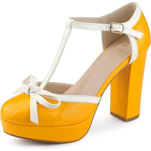 imageAllegra K Womens Platform Bow t Strap Chunky Heels PumpsYellow