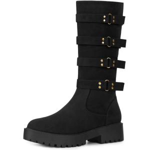 imageAllegra K Womens Platform Goth Boots Buckles Round Toe Chunky Heel Knee High BootsBlack
