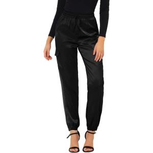 imageAllegra K Womens Satin Pants Tie Elastic High Waist Shiny Silky Dressy Satin Cargo JoggersBlack