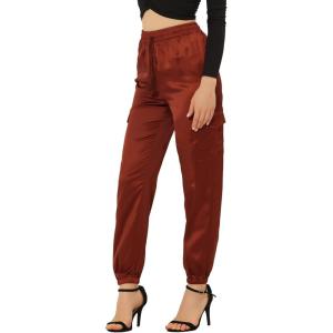 imageAllegra K Womens Satin Pants Tie Elastic High Waist Shiny Silky Dressy Satin Cargo JoggersBrown