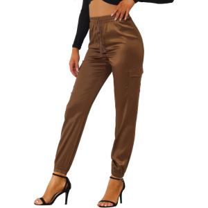 imageAllegra K Womens Satin Pants Tie Elastic High Waist Shiny Silky Dressy Satin Cargo JoggersCoffee