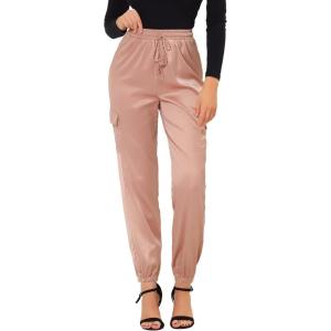 imageAllegra K Womens Satin Pants Tie Elastic High Waist Shiny Silky Dressy Satin Cargo JoggersGraypink
