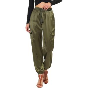 imageAllegra K Womens Satin Pants Tie Elastic High Waist Shiny Silky Dressy Satin Cargo JoggersGreen