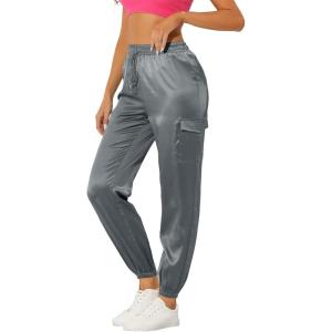 imageAllegra K Womens Satin Pants Tie Elastic High Waist Shiny Silky Dressy Satin Cargo JoggersGrey