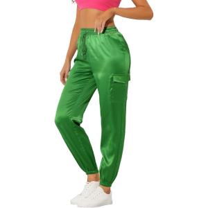 imageAllegra K Womens Satin Pants Tie Elastic High Waist Shiny Silky Dressy Satin Cargo JoggersLight Green