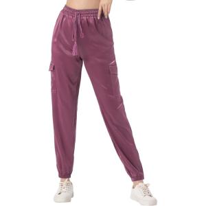 imageAllegra K Womens Satin Pants Tie Elastic High Waist Shiny Silky Dressy Satin Cargo JoggersPink Purple
