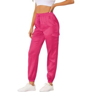 imageAllegra K Womens Satin Pants Tie Elastic High Waist Shiny Silky Dressy Satin Cargo JoggersRose Red