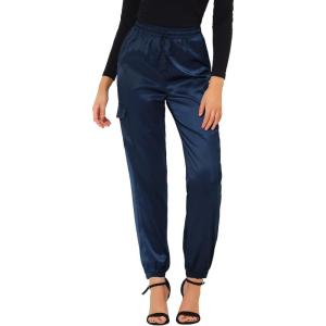 imageAllegra K Womens Satin Pants Tie Elastic High Waist Shiny Silky Dressy Satin Cargo JoggersRoyal Blue
