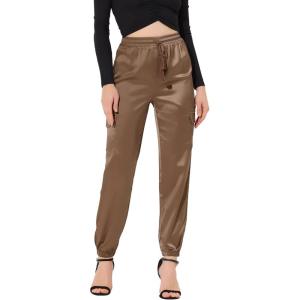 imageAllegra K Womens Satin Pants Tie Elastic High Waist Shiny Silky Dressy Satin Cargo JoggersTan