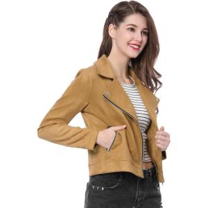 imageAllegra K Womens Short Soft Zip Up Faux Suede Biker Moto JacketKhaki