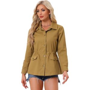 imageAllegra K Womens Utility Jacket Zip Up Drawstring Waist Snap Buttons Lightweight Anorak Jackets with PocketsDark Khaki