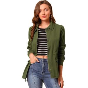 imageAllegra K Womens Utility Jacket Zip Up Drawstring Waist Snap Buttons Lightweight Anorak Jackets with PocketsOlive Green