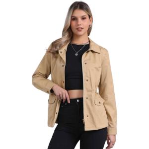 imageAllegra K Womens Utility Jacket Zip Up Drawstring Waist Snap Buttons Lightweight Anorak Jackets with PocketsTan Khaki