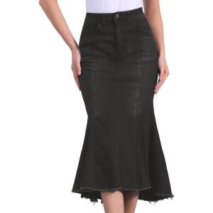 imageAllegra K Womens Washed Fishtail Denim Skirt High Waist Raw Hem Fashion Casual Midi Jean Skirts with PocketsBlack